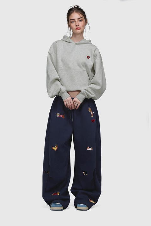 Embroidery Dog Baggy Barrel Sweatpants