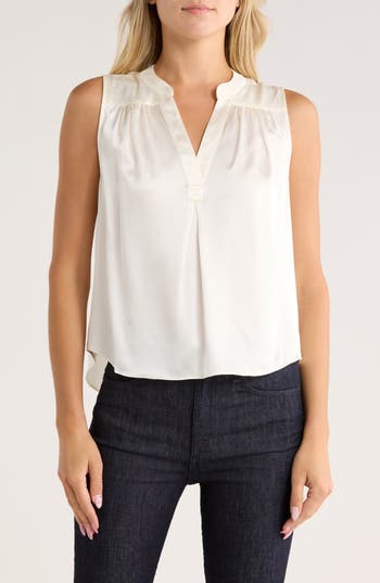 Cinq À Sept Kahn Split Neck Sleeveless Silk Top In White