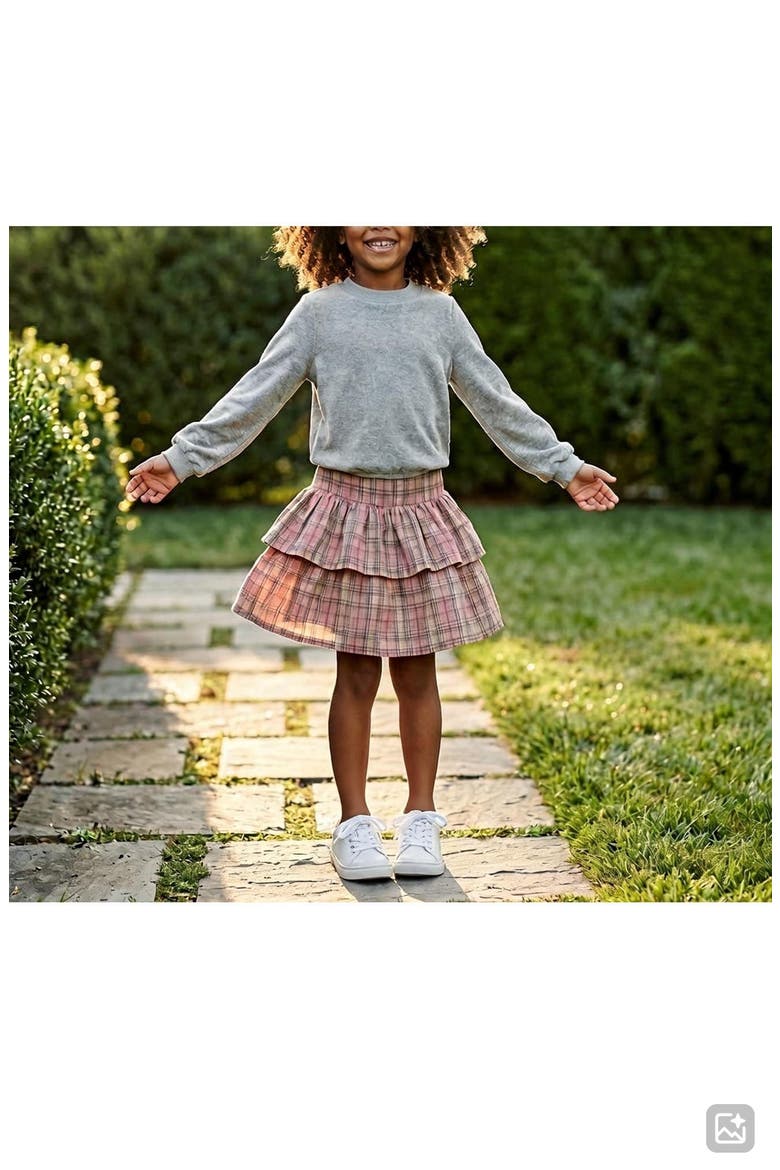 Kids' French Terry Top and Plaid Skirt Set, Alternate, color, GRAY/ PINK