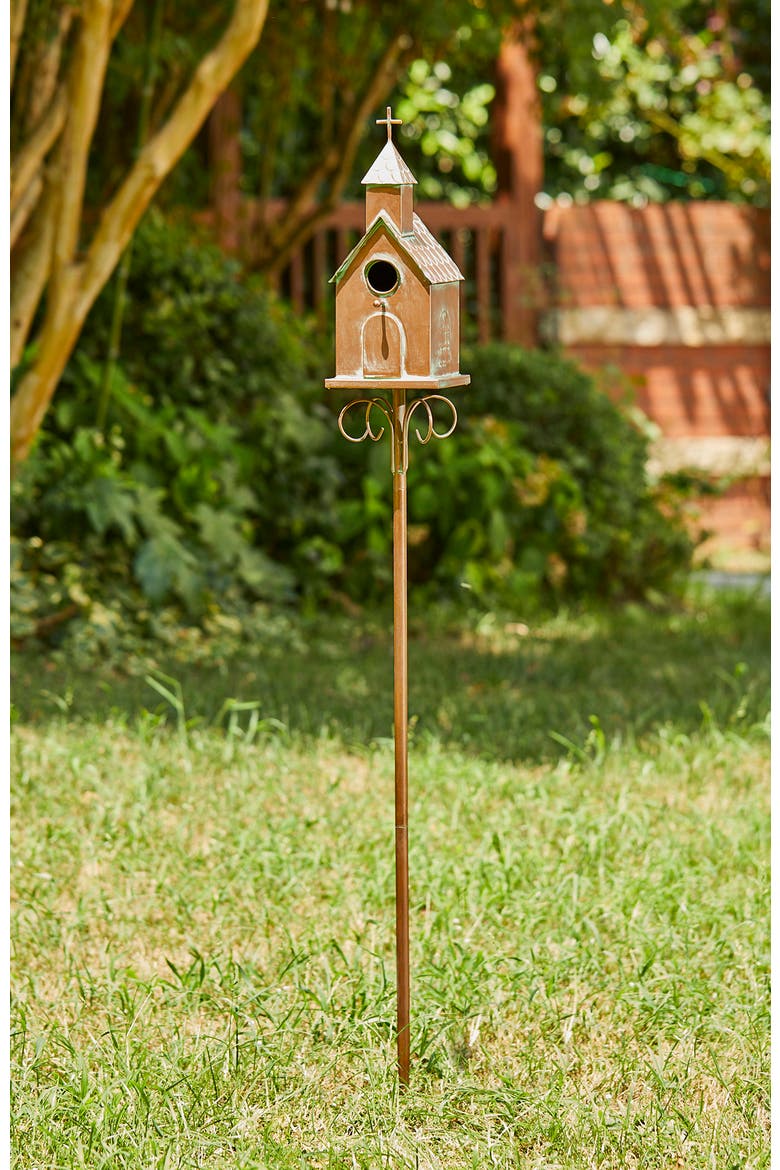 Farmhouse Faux Copper 2-Tiered Metal Decorative Garden Birdhouse with Stake, Alternate, color, Gold