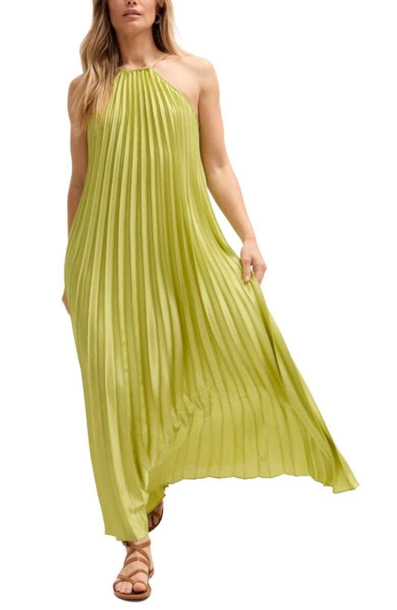 LILY AND LIONEL Philomena Halter Neck Pleated Maxi Dress, Main, color, Green