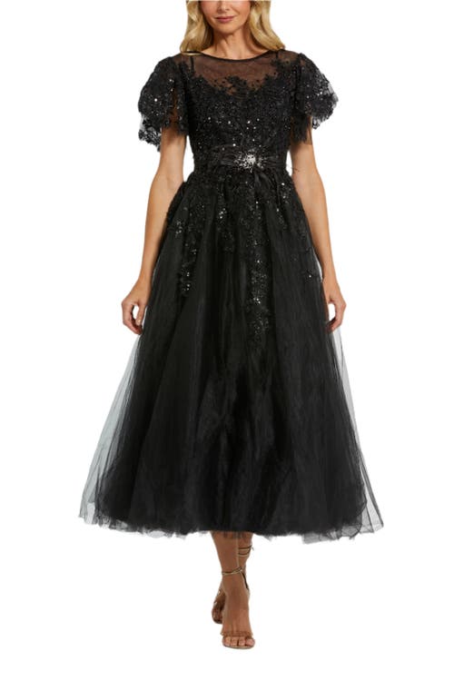 Mac Duggal Embellished Flutter Sleeve Bow Waist A Line Dress In Black
