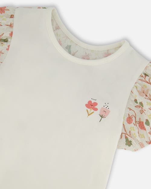 Deux Par Deux Girl's Bi-material Organic Cotton Top With Puff Sleeve Pink Flowers On Cream Backgroun In Pink Flowers On Cream