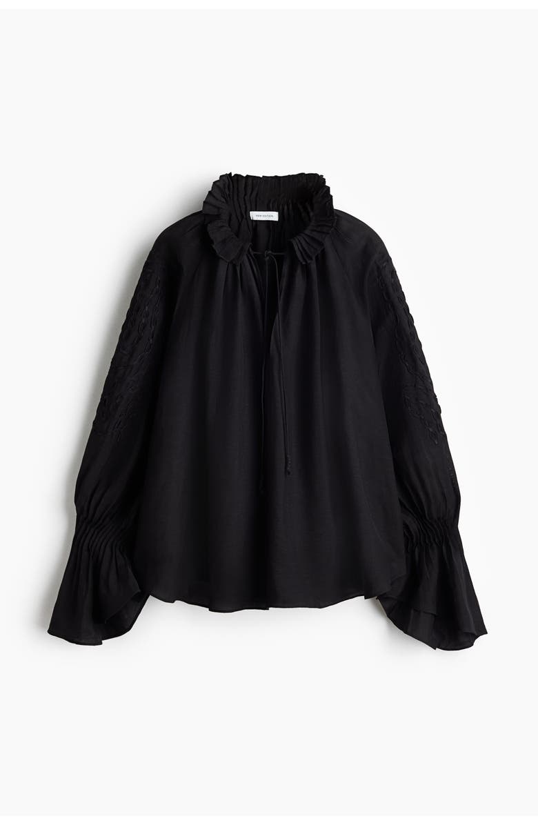 H&M Linen-blend blouse with embroidery, Alternate, color, Black