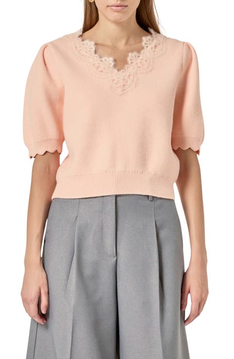 Lace Trim Short Sleeve Sweater