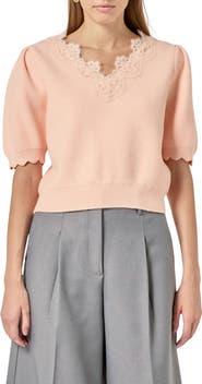 English Factory Lace Trim Short Sleeve Sweater