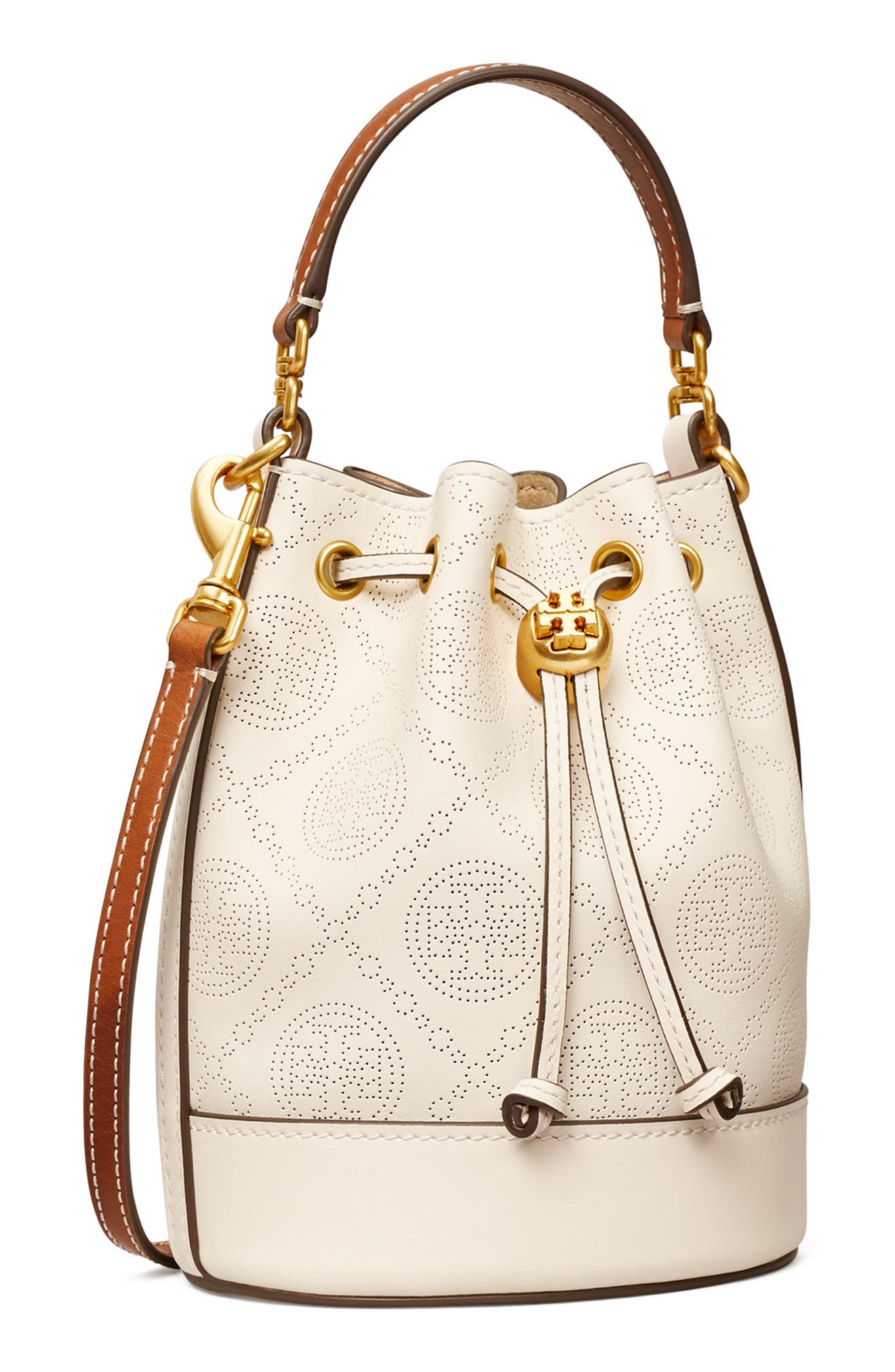 Tory Burch Mini T Monogram Perforated Leather Bucket Bag, Alternate, color, 