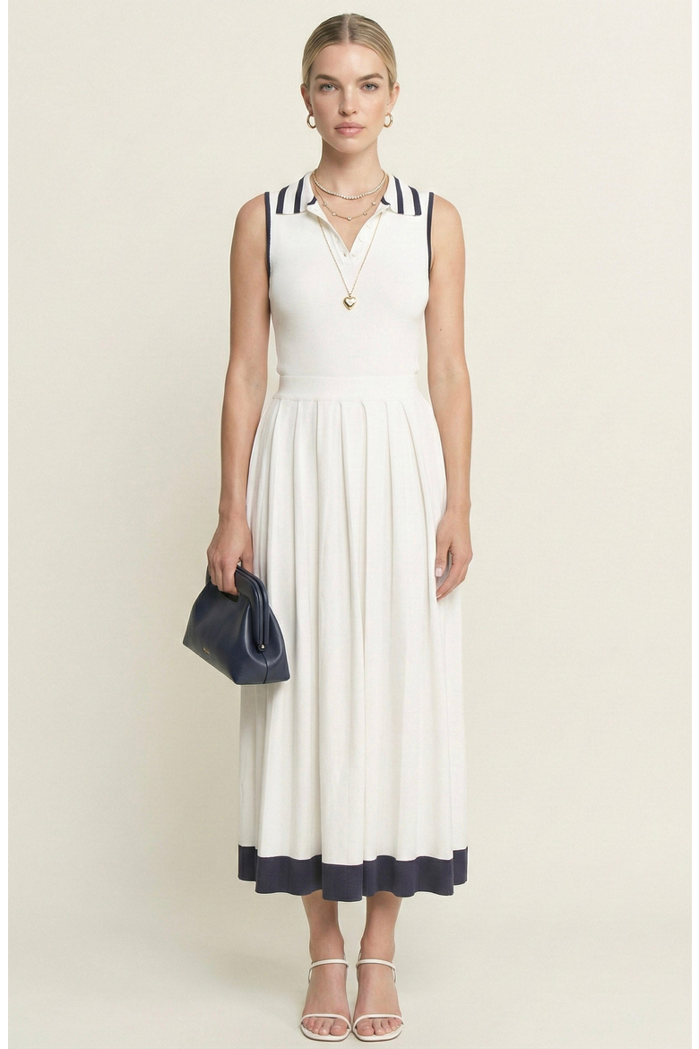 Sleeveless Knit Midi Dress with Contrast Collar and Hem Detail, Main, color, White