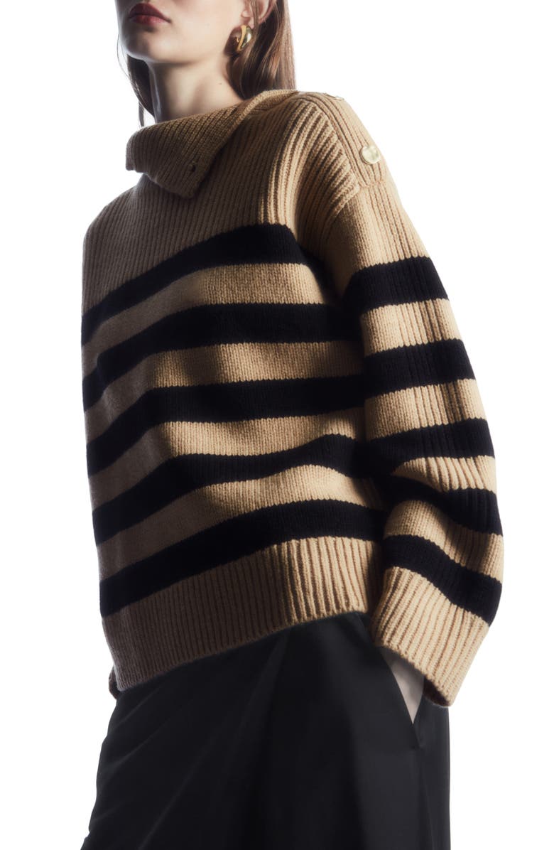 COS Stripe Button Shoulder Mock Neck Wool Sweater, Main, color,