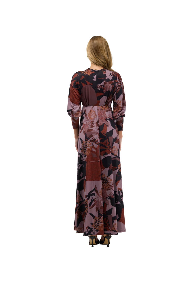 Elevate Womens V Neck Three-Quarter Sleeve Maxi Dress, Alternate, color, Brown Multi