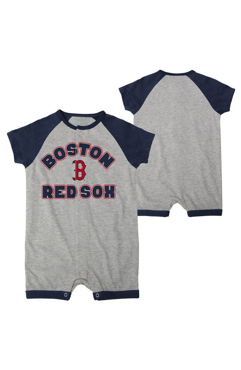 Outerstuff Newborn & Infant Heather Gray Boston Red Sox Extra Base Hit Raglan Full-Snap Romper, Main, color, 