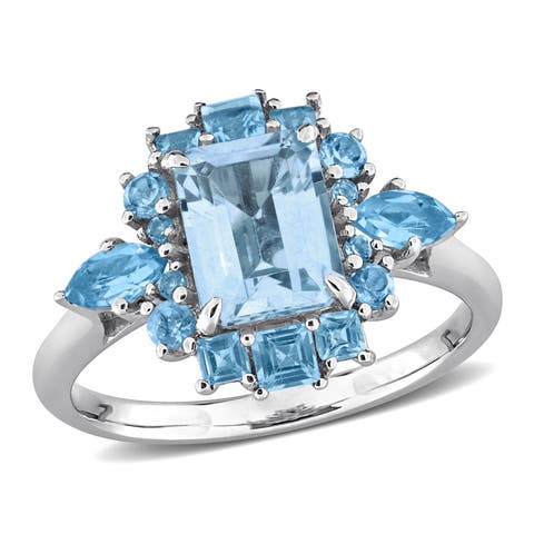 Blue Topaz Cluster Halo Ring 14k