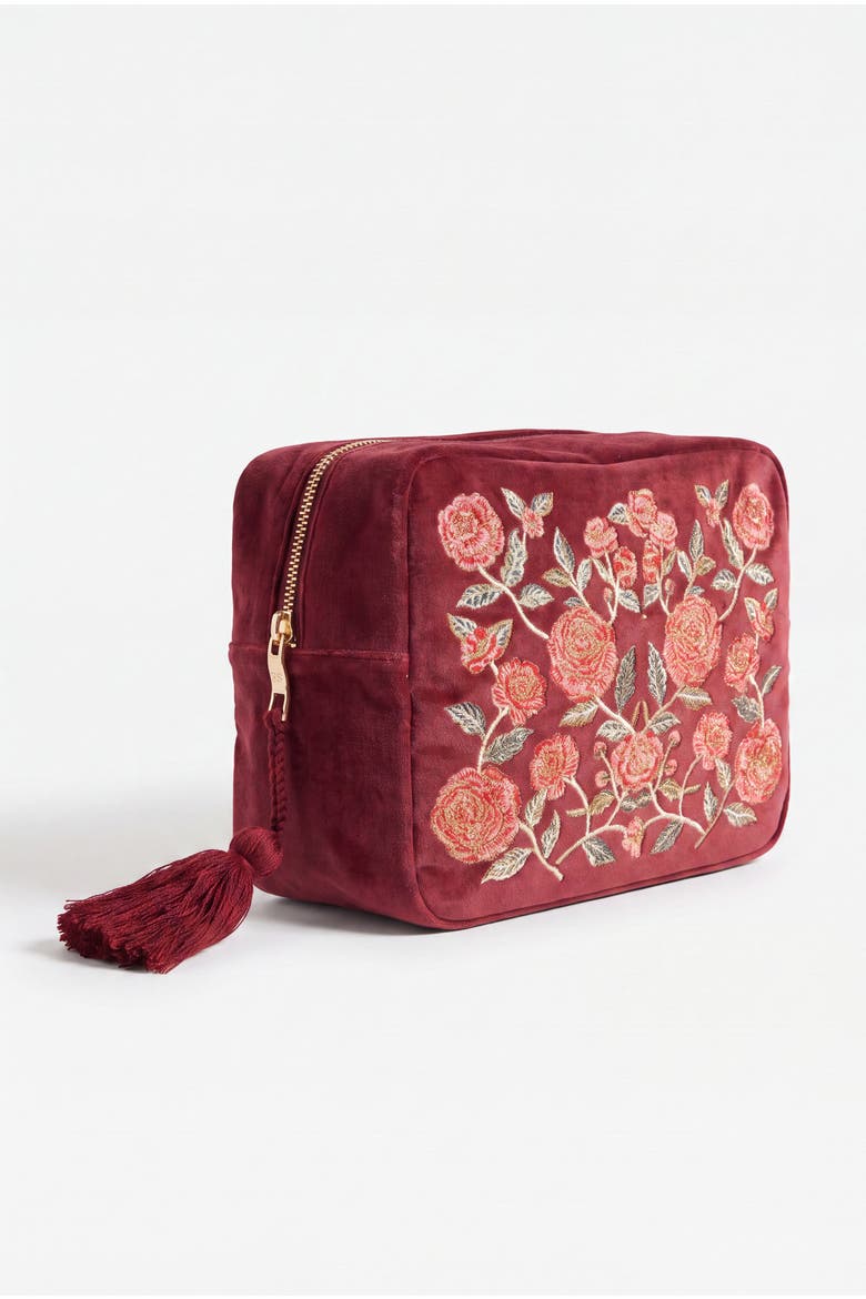 Camellia Romance Velvet Wash Bag, Alternate, color, Cranberry