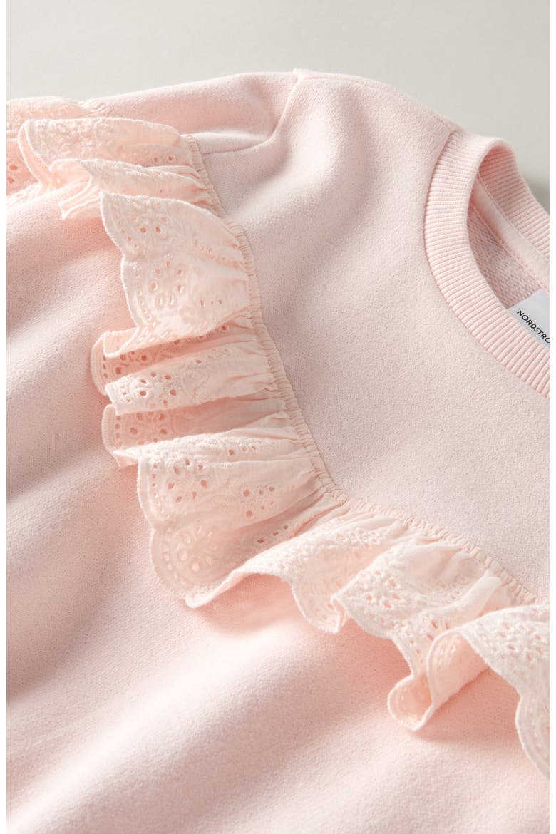 Kids' Eyelet Ruffle Crewneck Cotton Blend Terry Sweatshirt, Alternate, color, PINK AMOUR