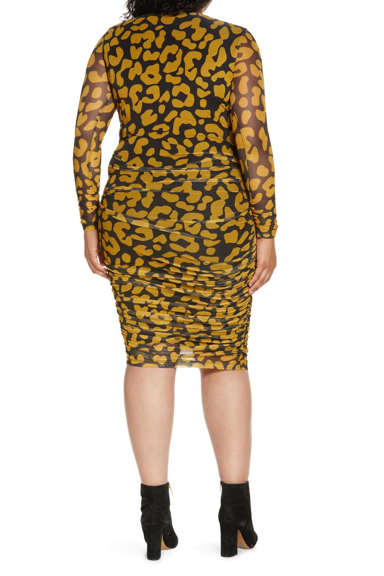 Iris Ruched Mesh Long Sleeve Body-Con Dress, Alternate, color, HONORE ANIMAL PRINT YELLOW