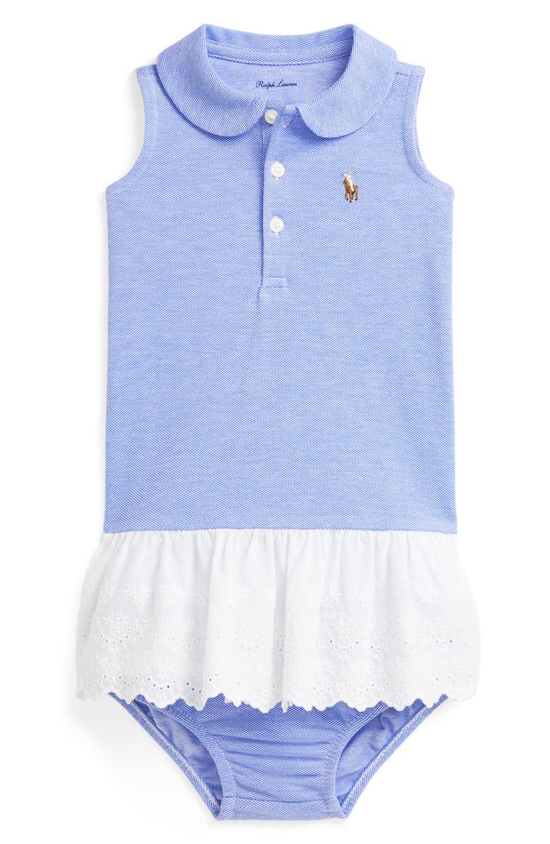 Ralph Lauren Sleeveless Cotton Piqué Eyelet Ruffle Polo Dress & Bloomers, Main, color, Harbor Island Blue Multi
