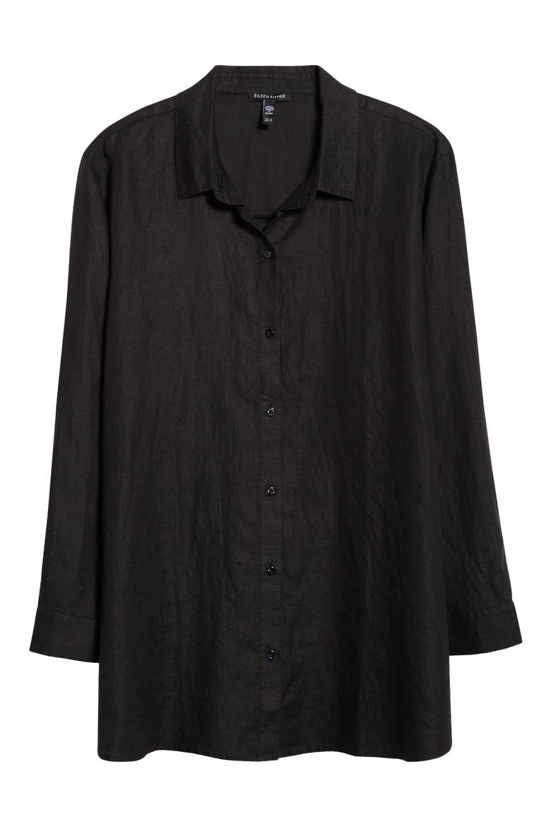 Classic Collar Organic Linen Long Button-Up Shirt, Alternate, color, BLACK