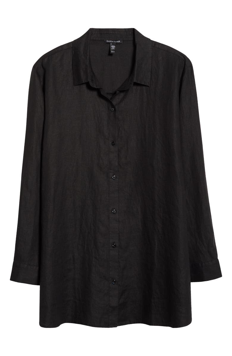 Eileen Fisher Classic Collar Organic Linen Long Button-Up Shirt, Alternate, color, Black