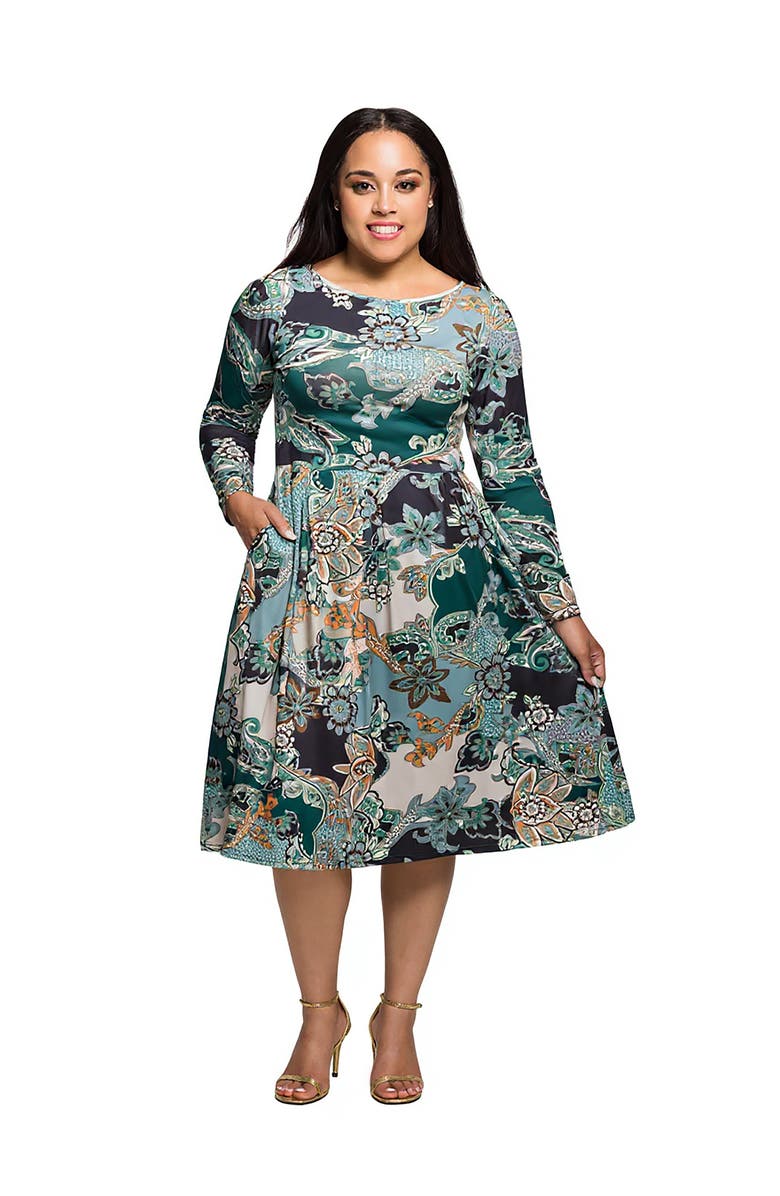 24seven Comfort Apparel Long Sleeve Midi Dress in Paisley Floral Print, Main, color, 