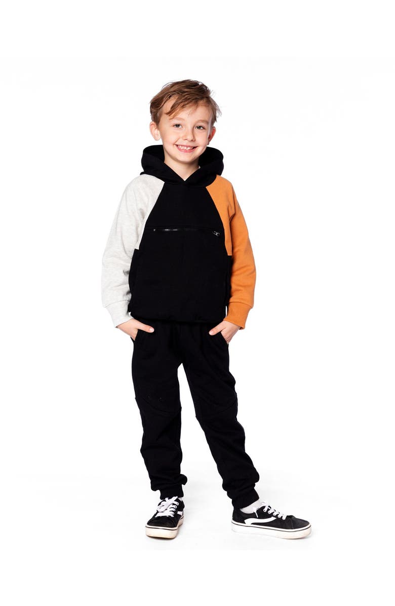 Deux par Deux Pullover Hooded Fleece Sweatshirt with Zip Pocket, Main, color, Black