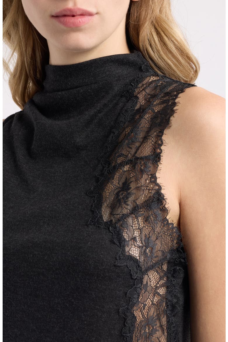 Mock Neck Sleeveless Top with Lace Inset, Alternate, color, CHARCOAL