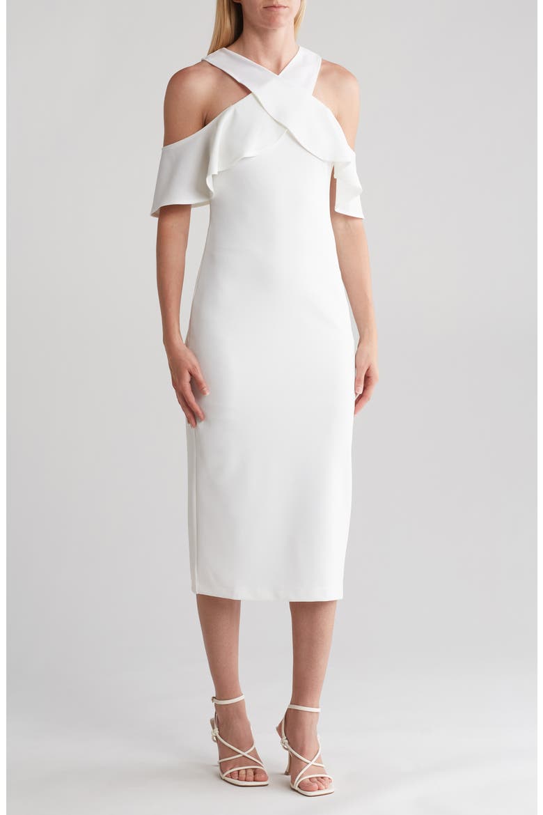 Jolie Ruffle Cold Shoulder Midi Dress, Main, color, EGGSHELL