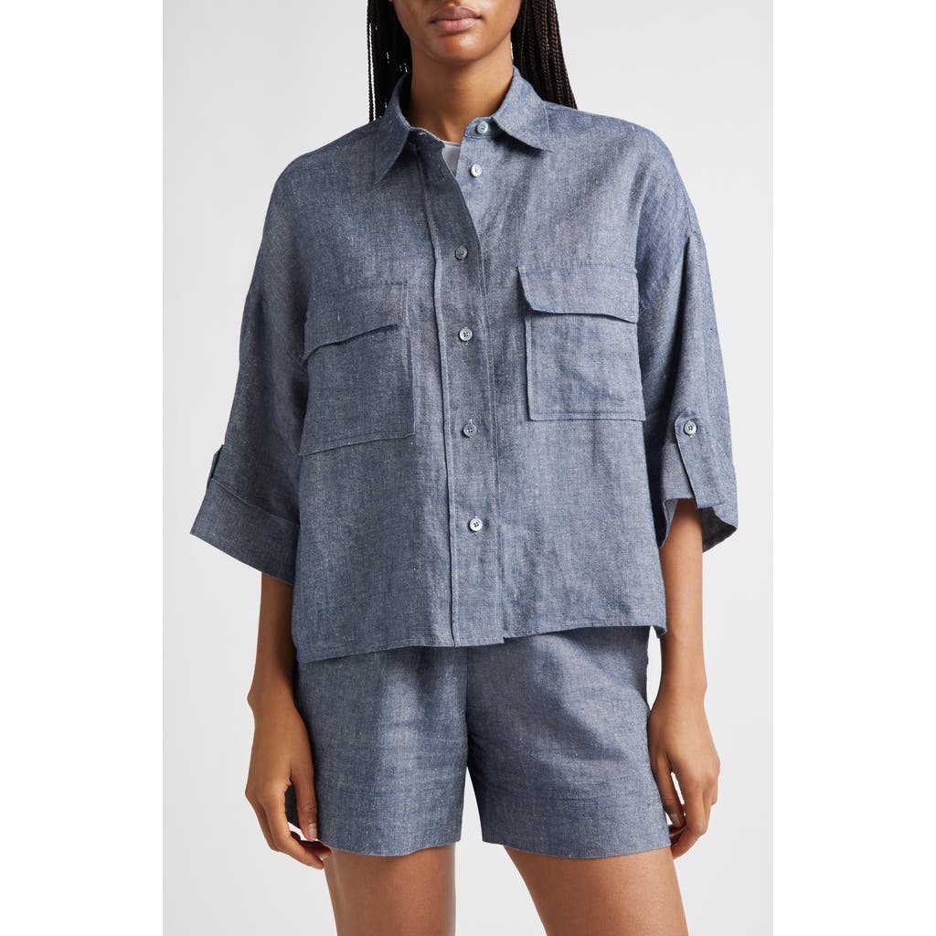 Eleventy Linen Blend Button-Up Shirt in 11 Blue at Nordstrom, Size 46
