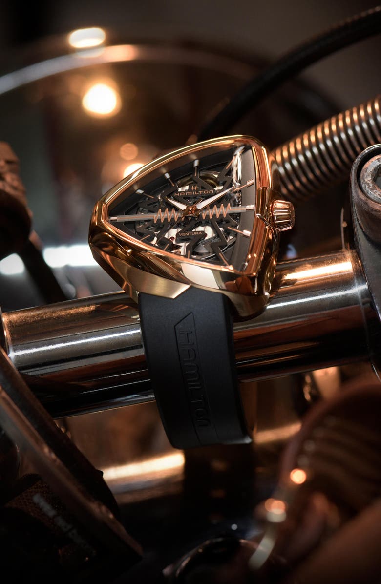 Hamilton Ventura Elvis80 Skeleton Automatic Rubber Strap Watch, 44.6mm, Alternate, color, Black