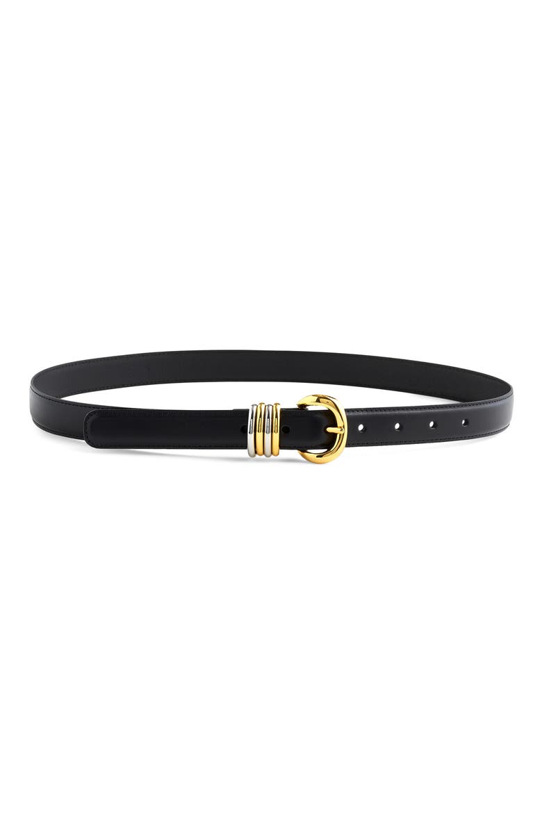 Mixed Metal Keeper Leather Belt, Main, color, TRUE BLACK