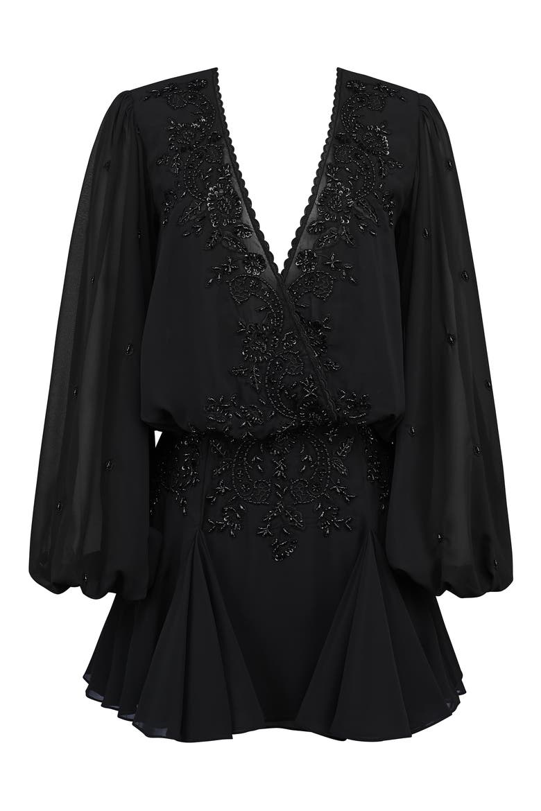 Gianna Beaded Godet Long Sleeve Minidress, Alternate, color, BLACK