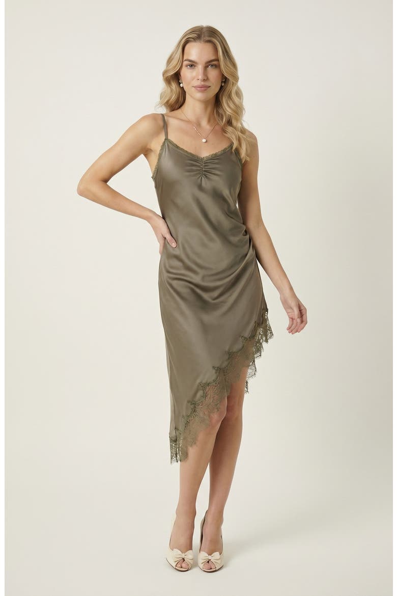 Asymmetric Satin Slip Dress with Lace Trim, Main, color, Beige