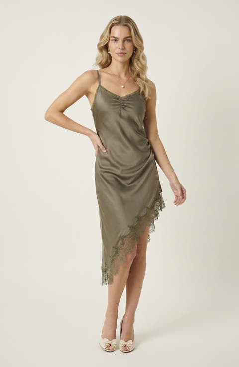 Asymmetric Satin Slip Dress with Lace Trim