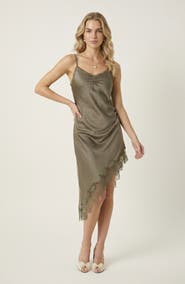 Modenaire Asymmetric Satin Slip Dress with Lace Trim