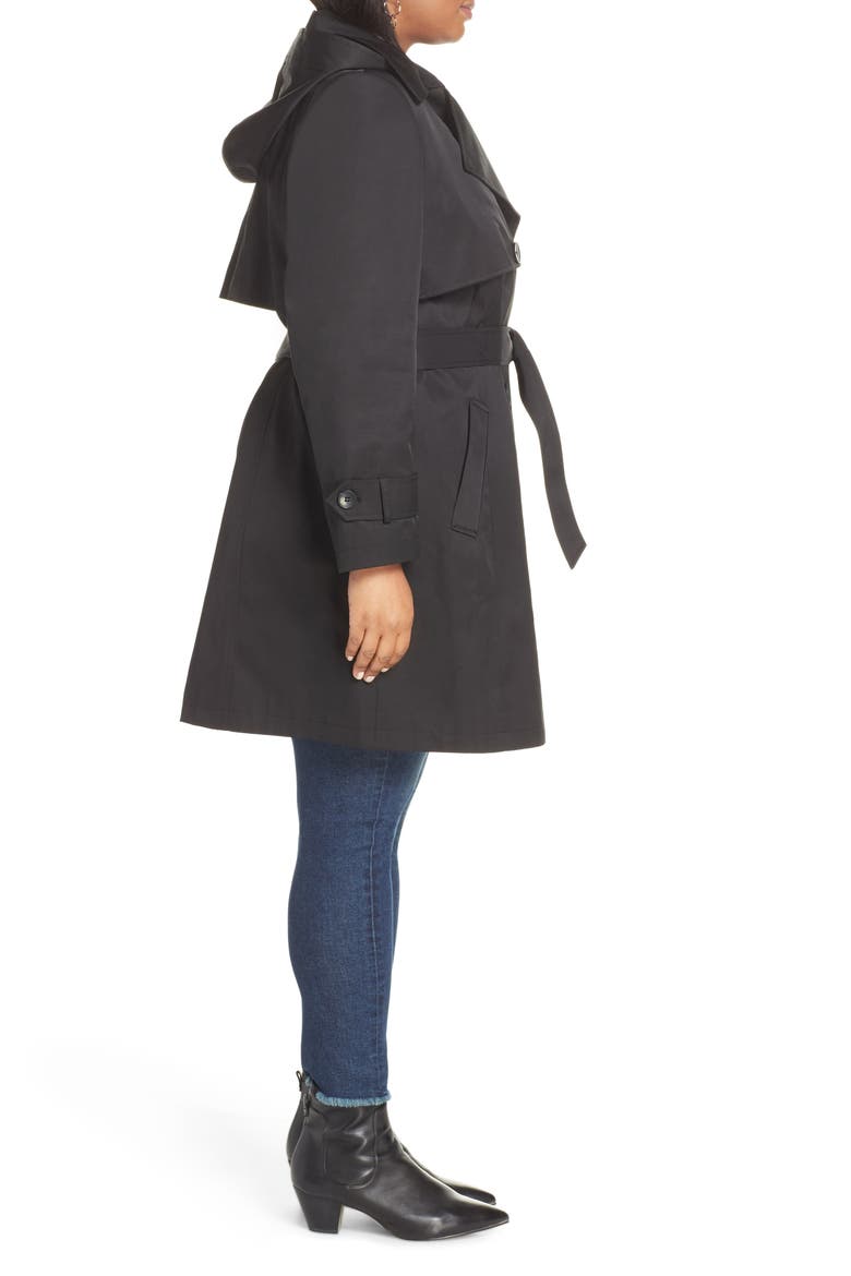 Double Breasted Hooded Trench Coat, Alternate, color, BLACK