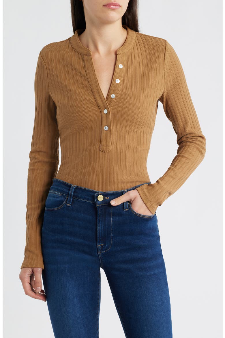 Jocelyn Rib Stretch Cotton Henley Top, Main, color, DARK ACORN