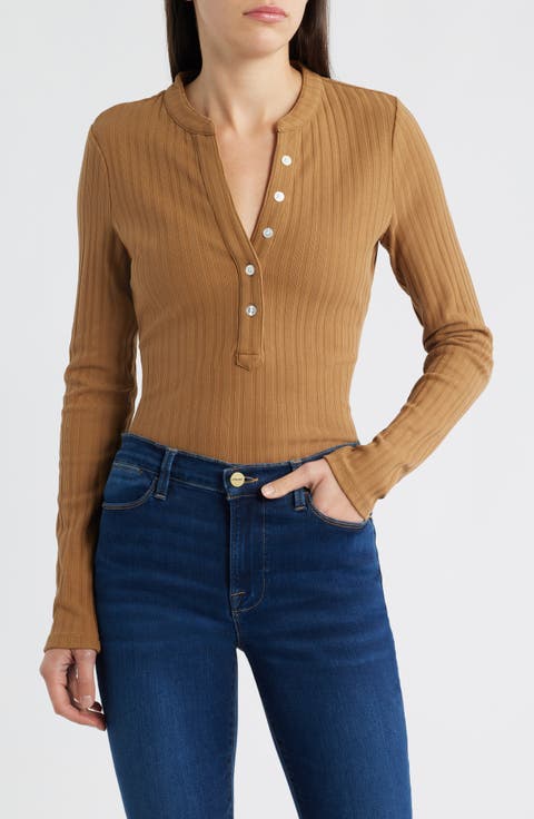 Jocelyn Rib Stretch Cotton Henley Top