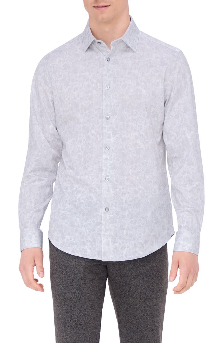 Bugatchi James OoohCotton<sup>®</sup> Floral Abstract Print Button-Up Shirt, Main, color, Platinum