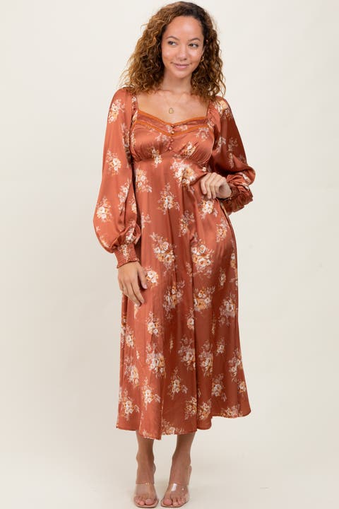 Satin Floral Bubble Sleeve Midi Dress