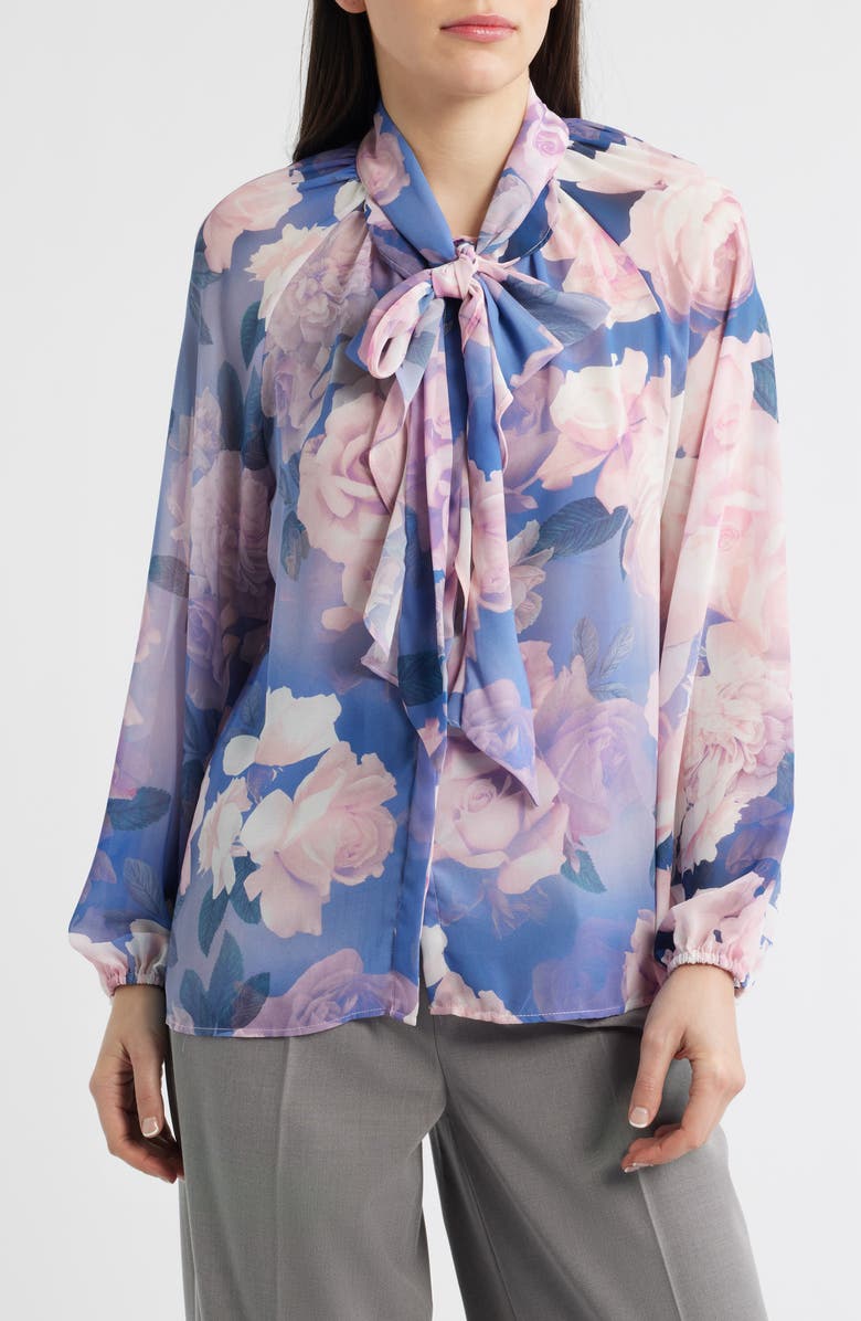 Tahari ASL Floral Print Tie Neck Top, Alternate, color, Blue Petal Floral