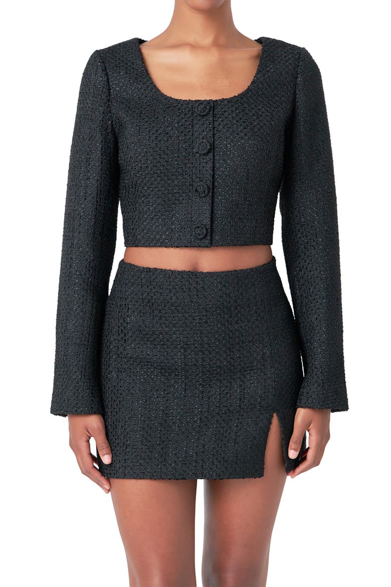 Long Sleeve Tweed Crop Top, Alternate, color, BLACK