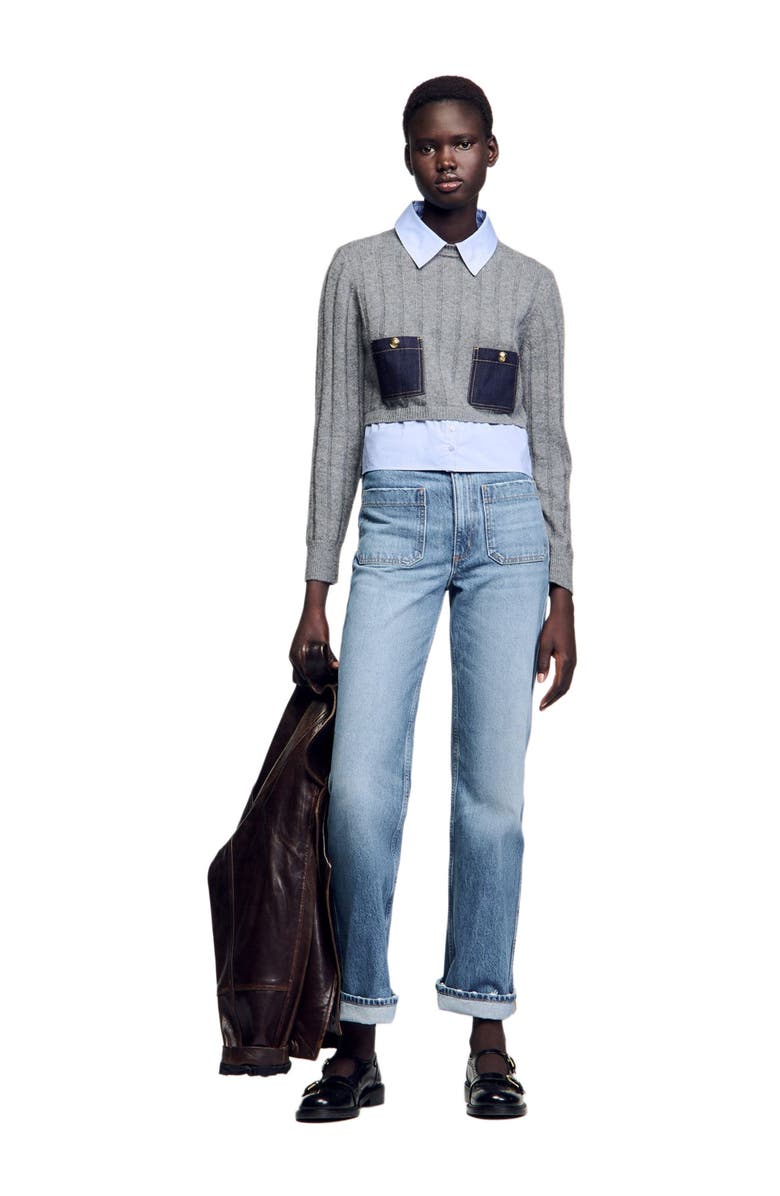 SANDRO Cropped wool and cashmere sweater, Alternate, color, Grey