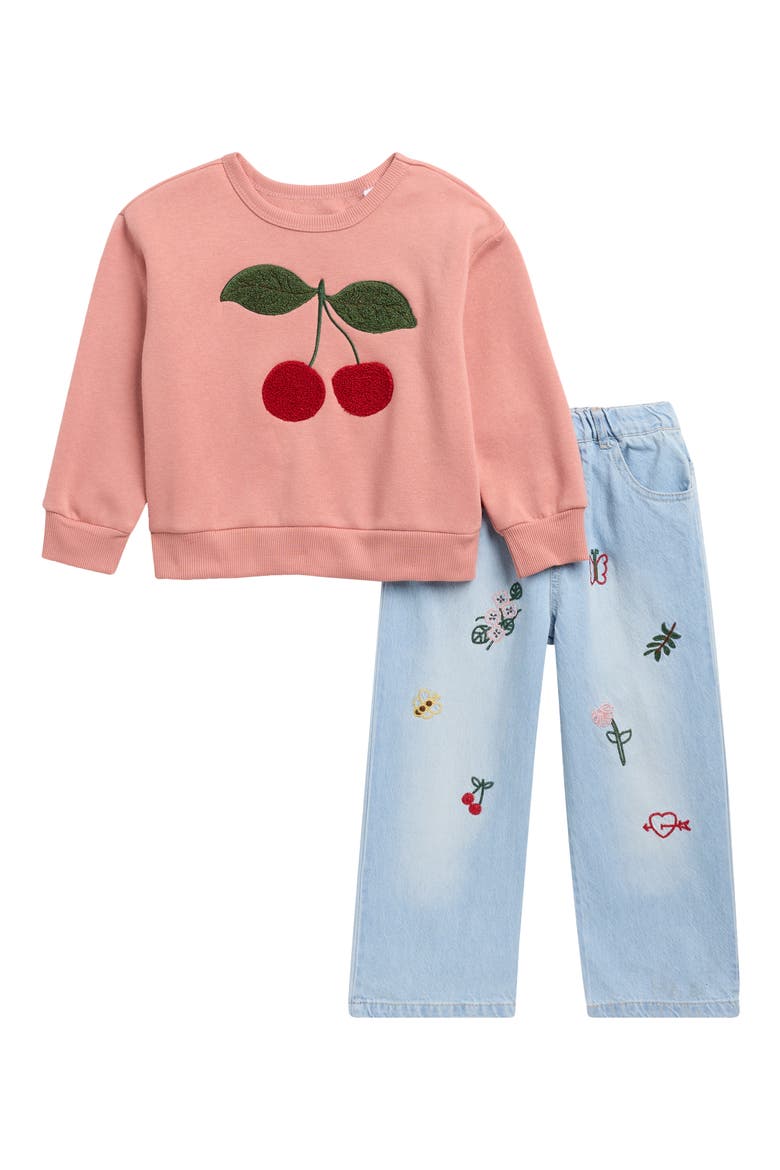 Kids' Cherry Sweatshirt & Embroidered Jeans Set, Main, color, CORAL PINK