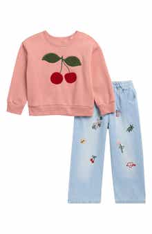 Kids' Cherry Sweatshirt & Embroidered Jeans Set