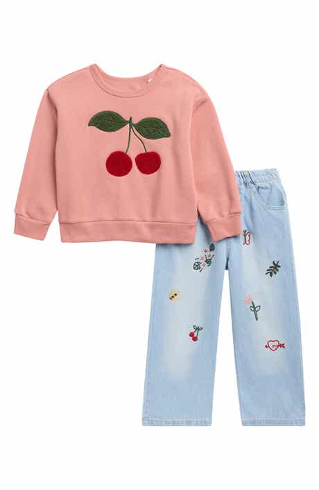 Kids' Cherry Sweatshirt & Embroidered Jeans Set