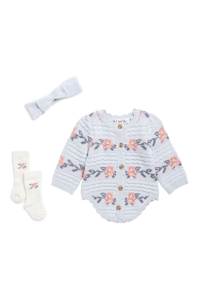 Floral Stripe Sweater Romper, Headband & Socks Set, Main, color, ARTIC ICE