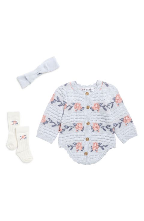 Floral Stripe Sweater Romper, Headband & Socks Set