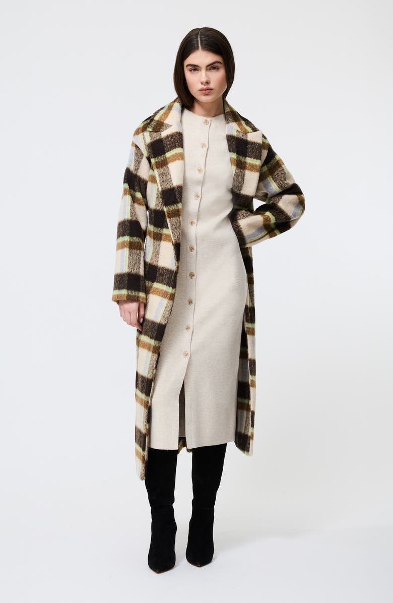 French Connection Remi Plaid Faux Fur Trench Coat, Alternate, color, Brown Multi