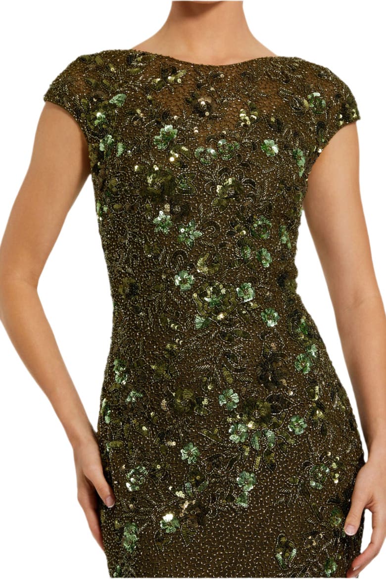 Women's Floral Embellished Cap Sleeve Sheath Gown, Alternate, color, Olive