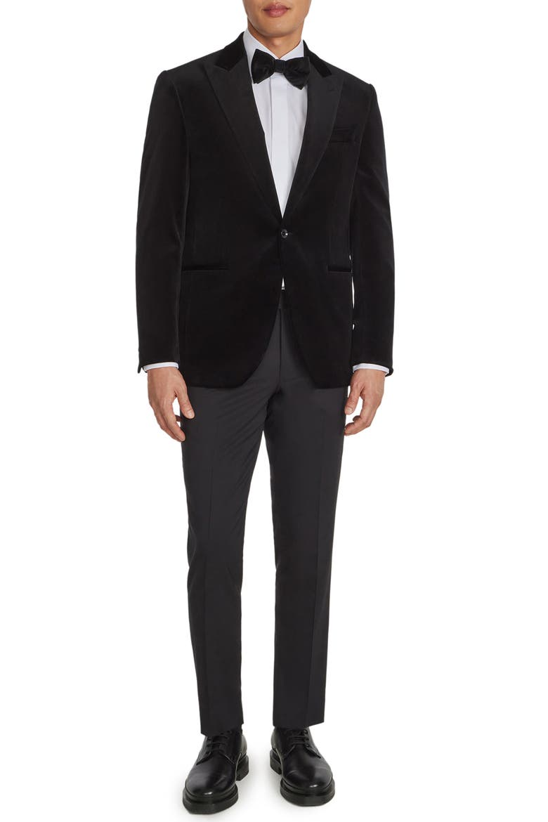 Erie Black Peak Lapel Stretch Velveteen Dinner Jacket, Alternate, color, BLACK