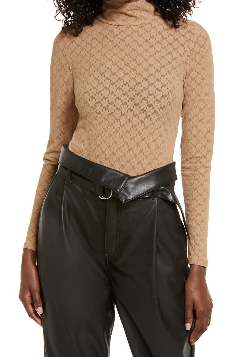 Long Sleeve Lace Bodysuit, Main, color, TAN SMOKE